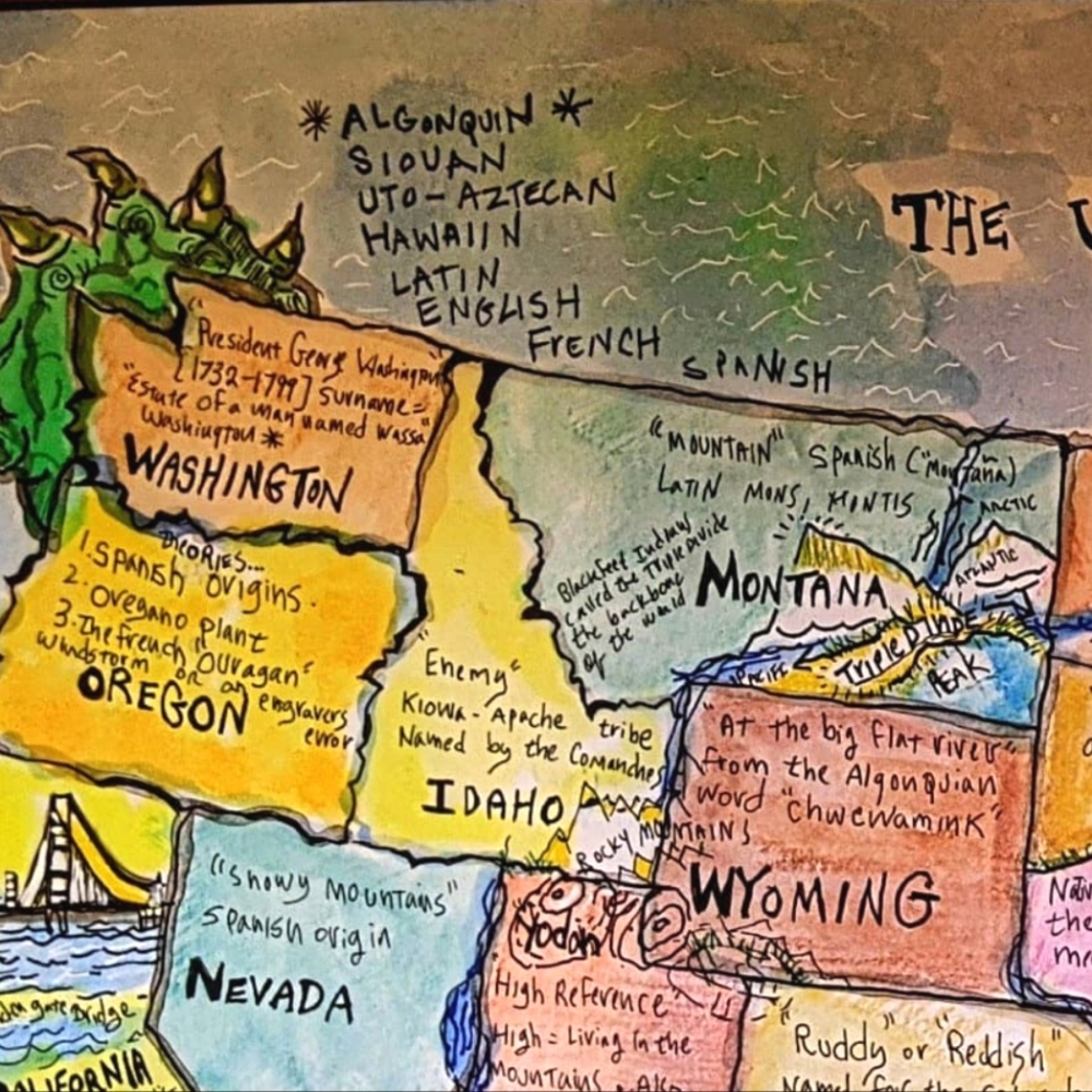 USA Handmade Map cartography painting watercolor pen & ink Earth Day - Picture 12 of 16